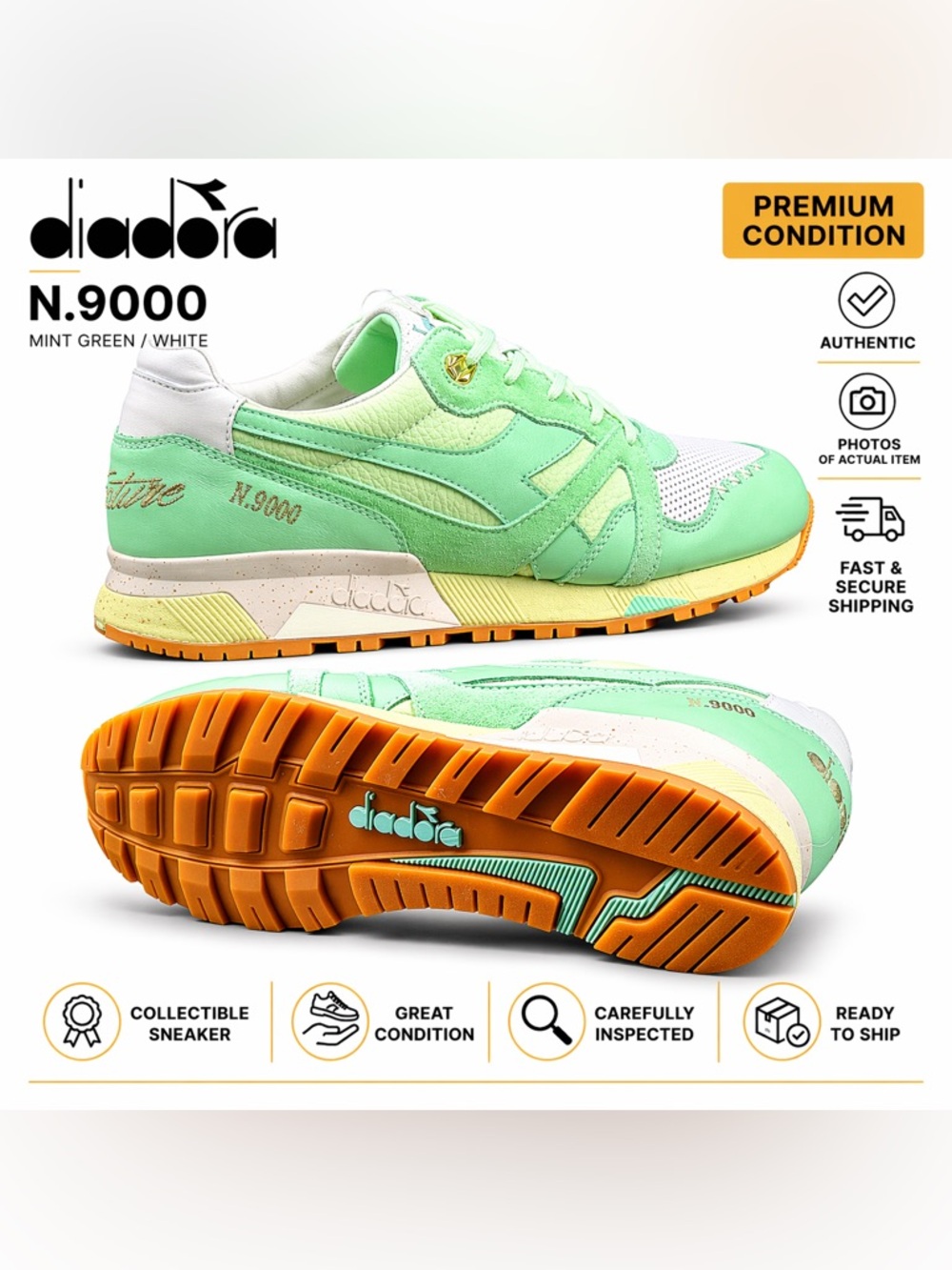 Diadora N9000 x Feature Pistachio Ice Cream Sneakers Sz 10 Made in Italy BNWT
